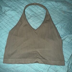 Olive Green Ribbed Halter Crop Top Size L